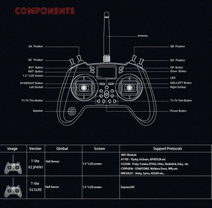 Jumper T-Lite V2 Remote Control RC Model ELRS JP4IN1 Hall Sensor Gimbals Internal Multi-Protocol Module For FPV Racing Drone